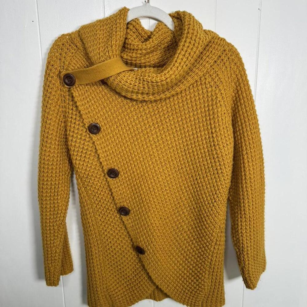 Mustard yellow cowl neck sweater with button detail chunky waffle knit